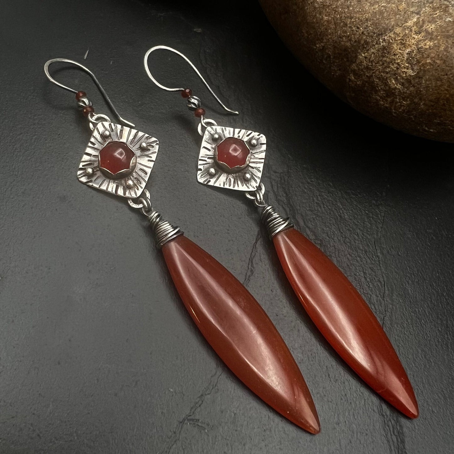 Carnelian Marquise and Silver Earrings