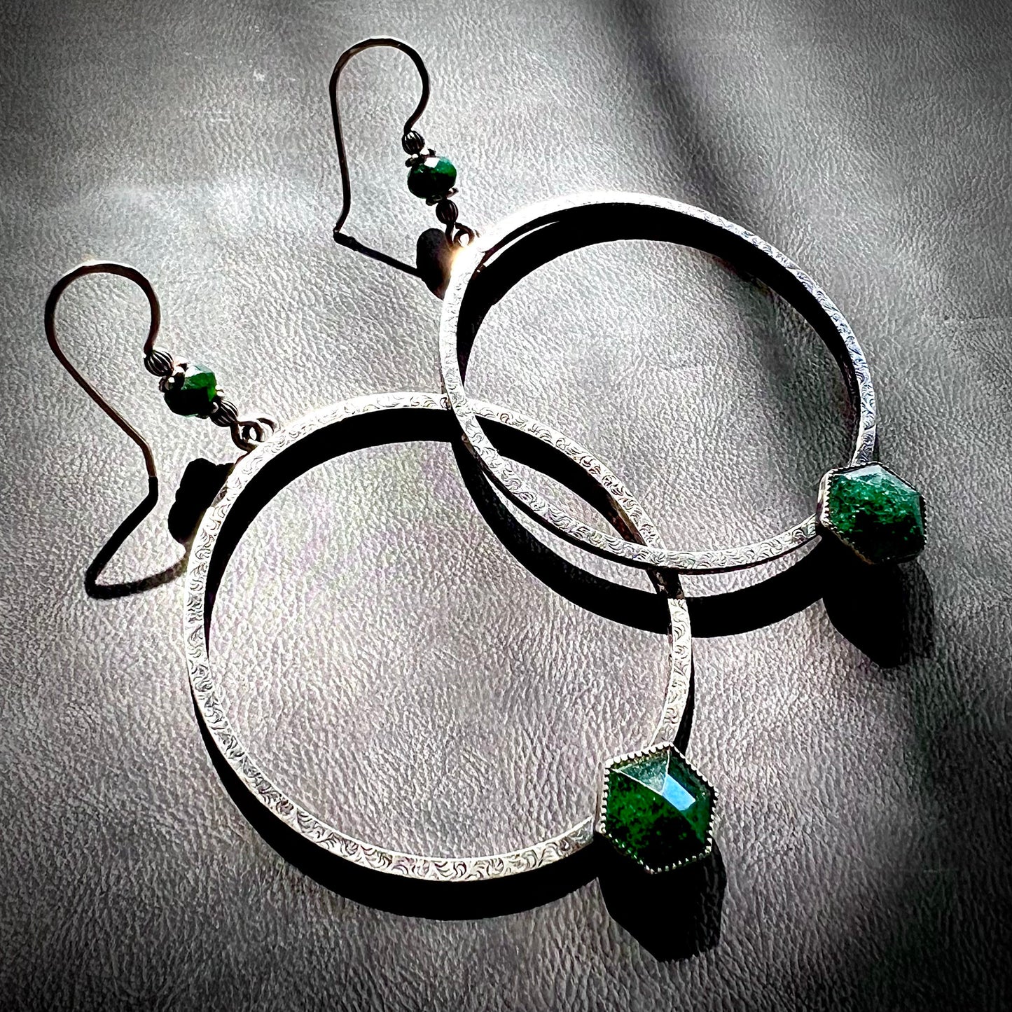 Serpentine Hexagon and Textured Silver Hoops