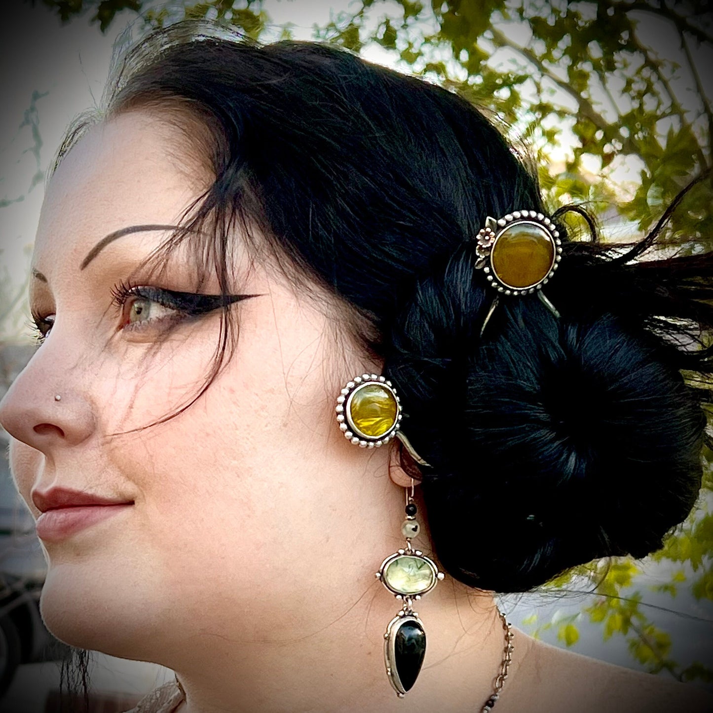 Large Red Rosarita and Silver Hair Pin with Sterling Silver frame.