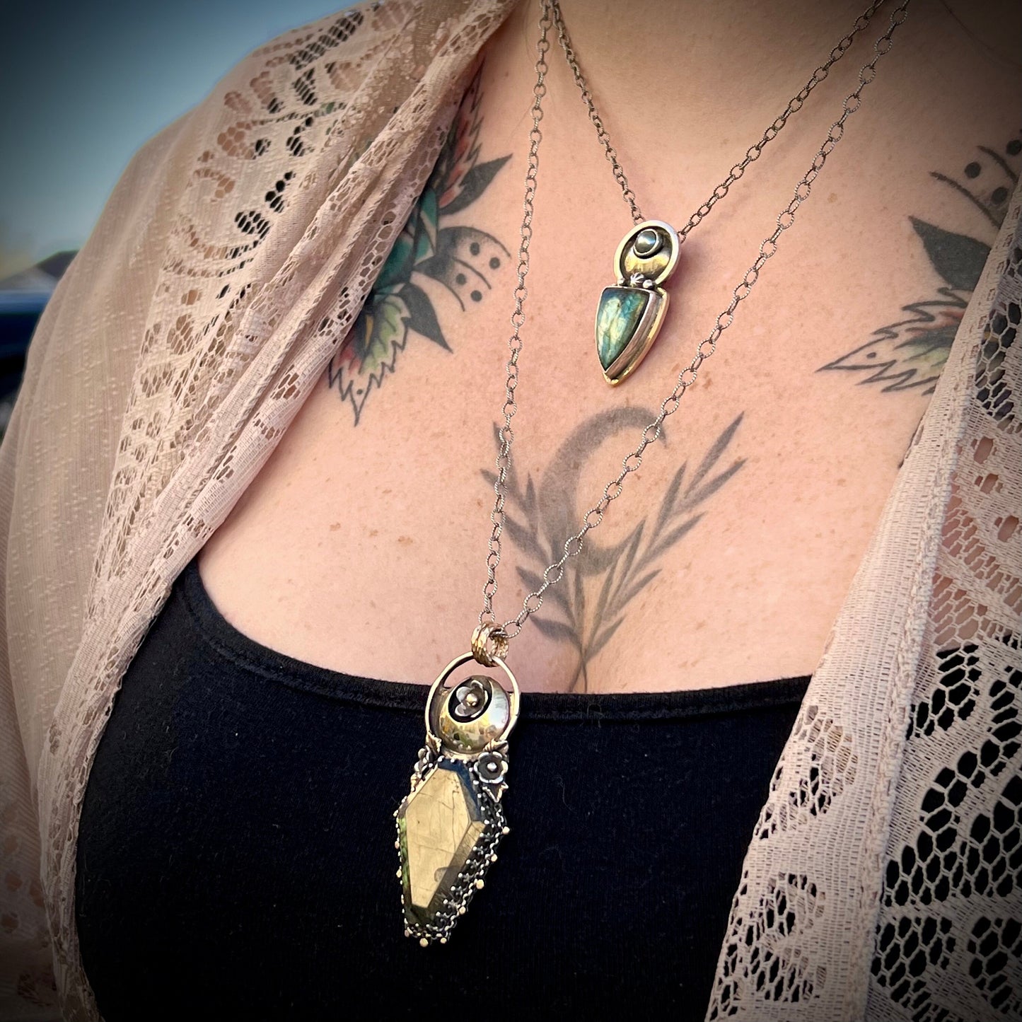 Labradorite Coffin and Moon Necklace