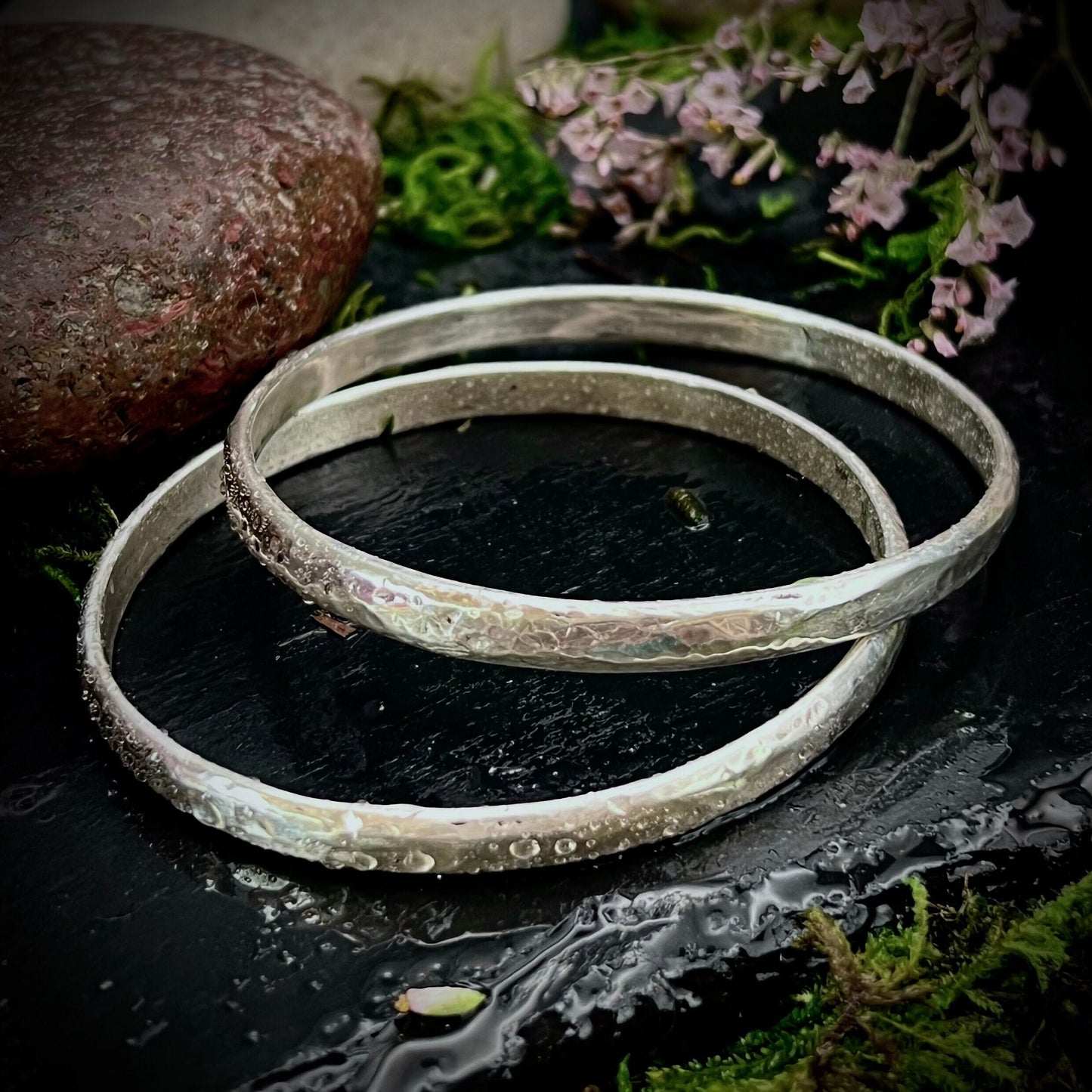 Sterling Silver Hammered Bangle Set