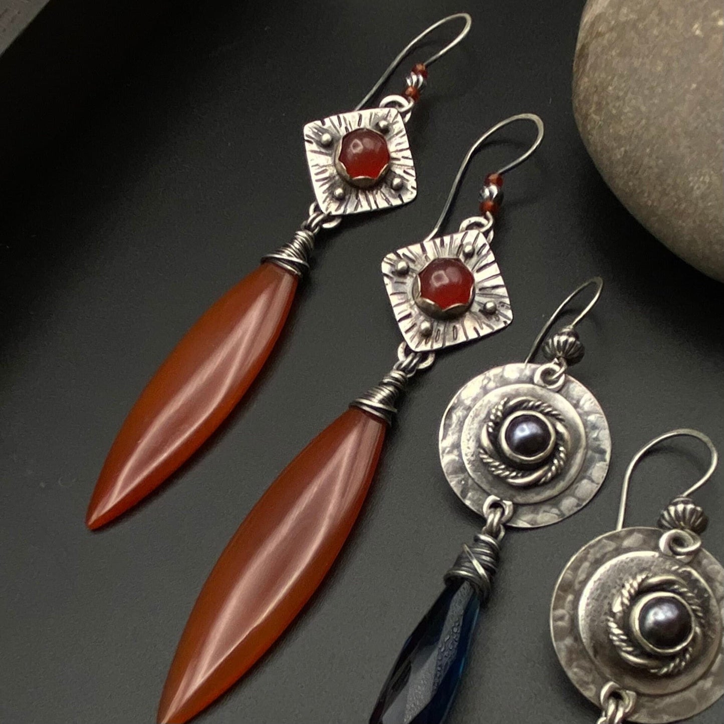 Carnelian Marquise and Silver Earrings