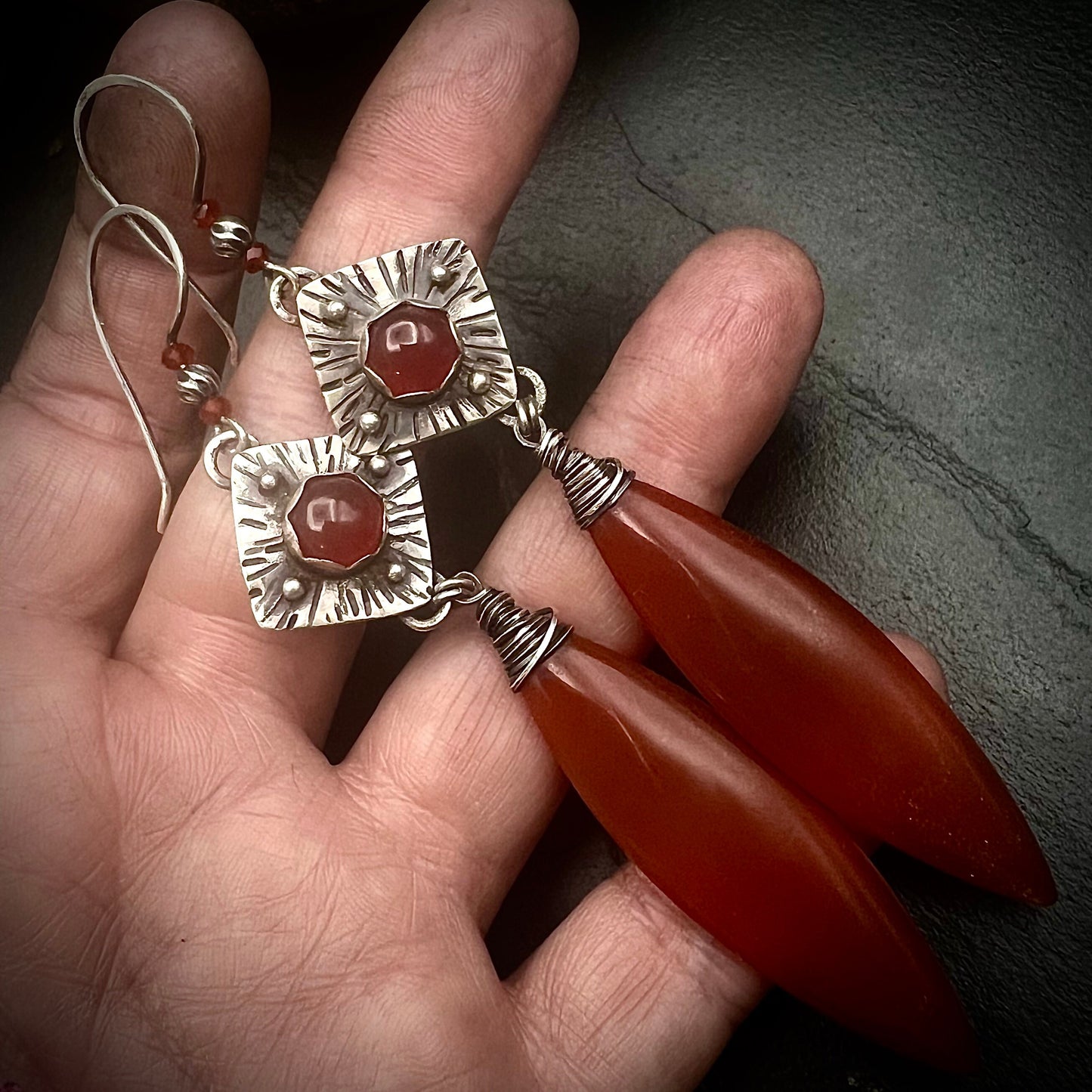 Carnelian Marquise and Silver Earrings