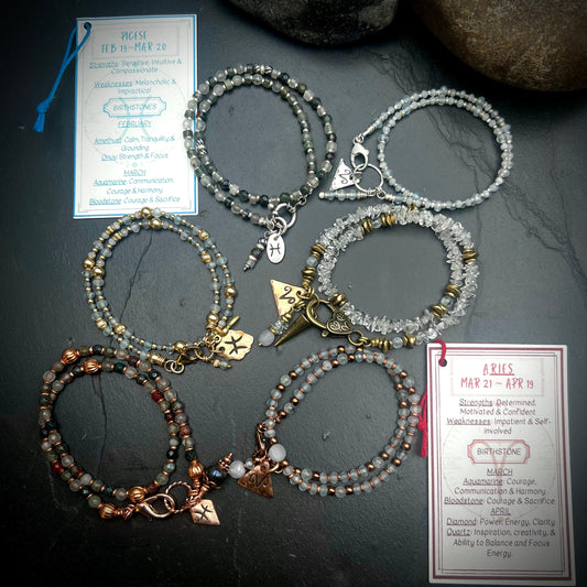 March Birthstone Wrap Bracelets with Zodiac Charm