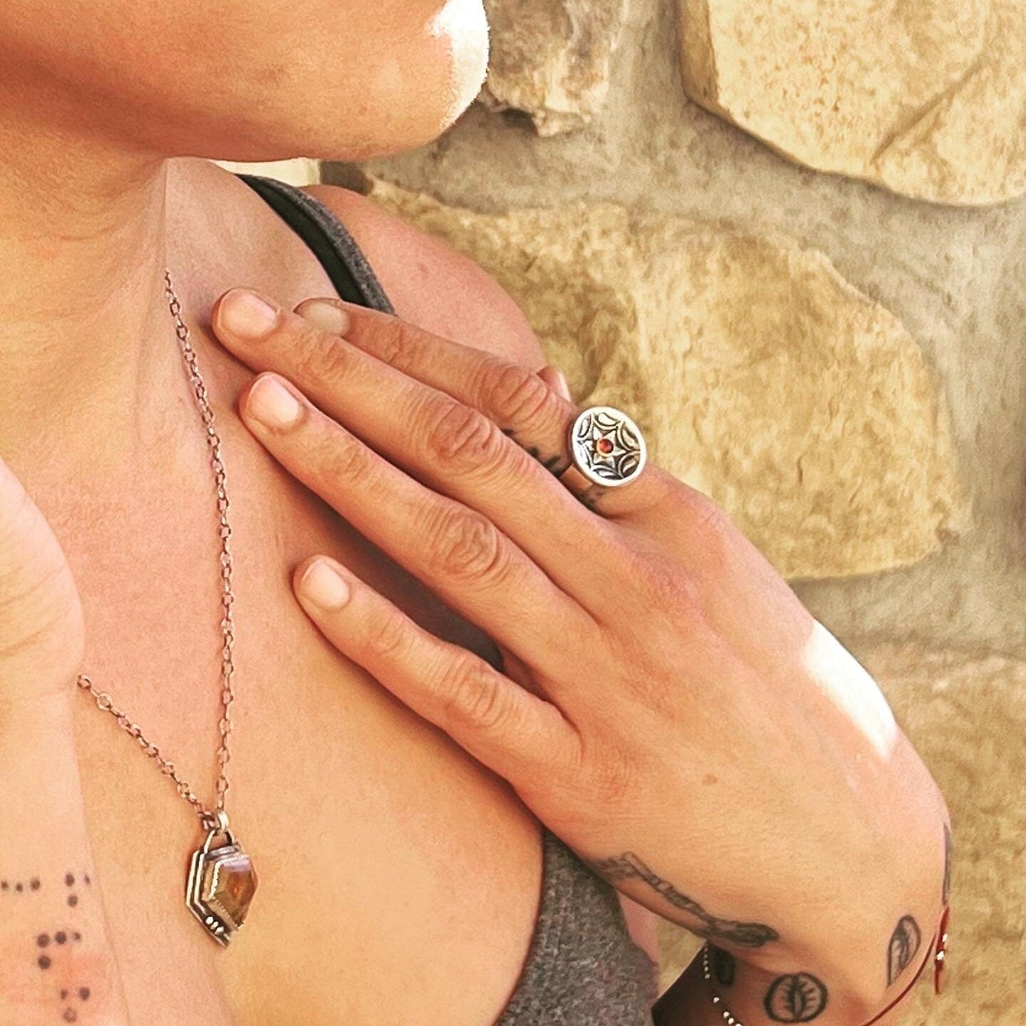 Fine Silver and Garnet Paisley Ring on Gold Filled Band