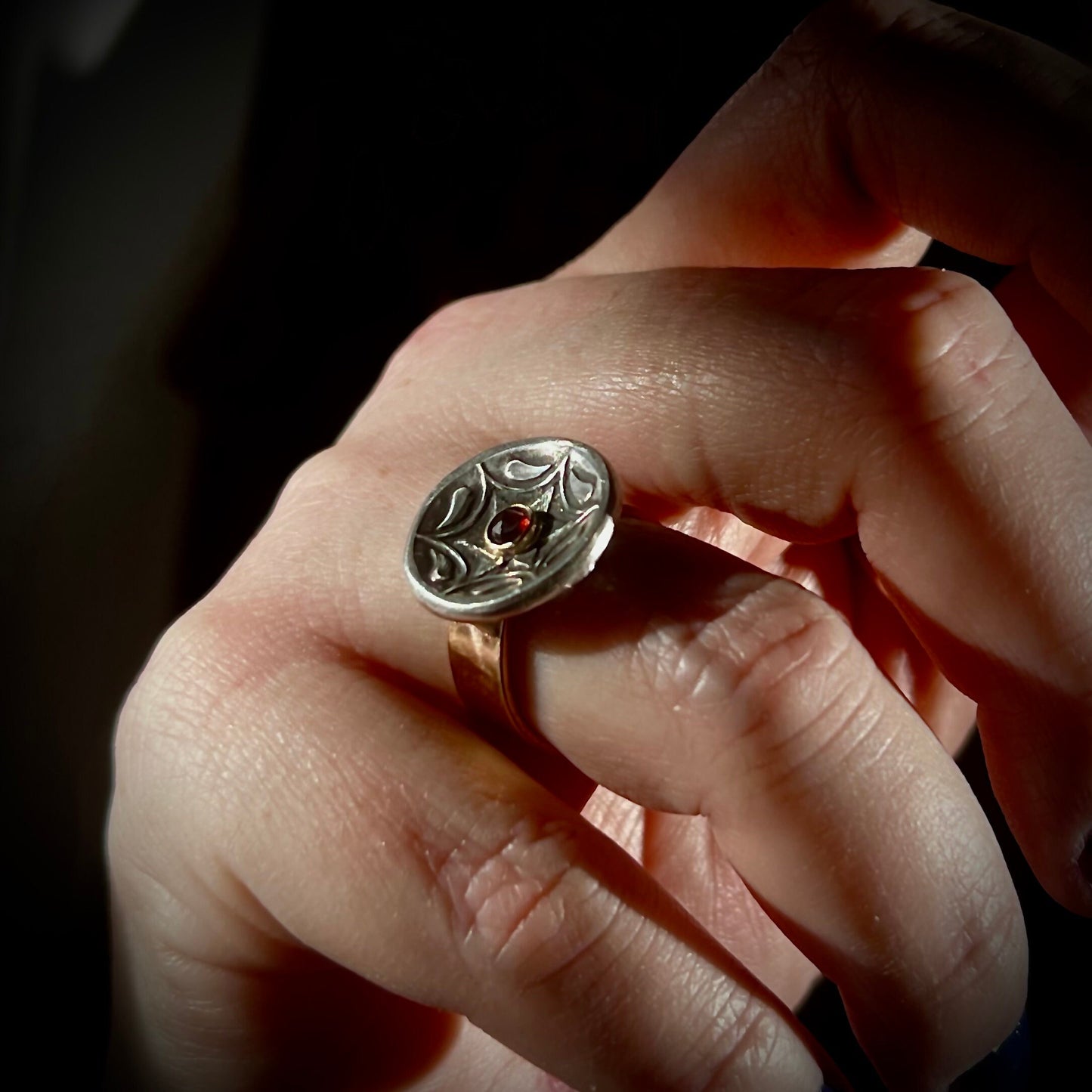 Fine Silver and Garnet Paisley Ring on Gold Filled Band