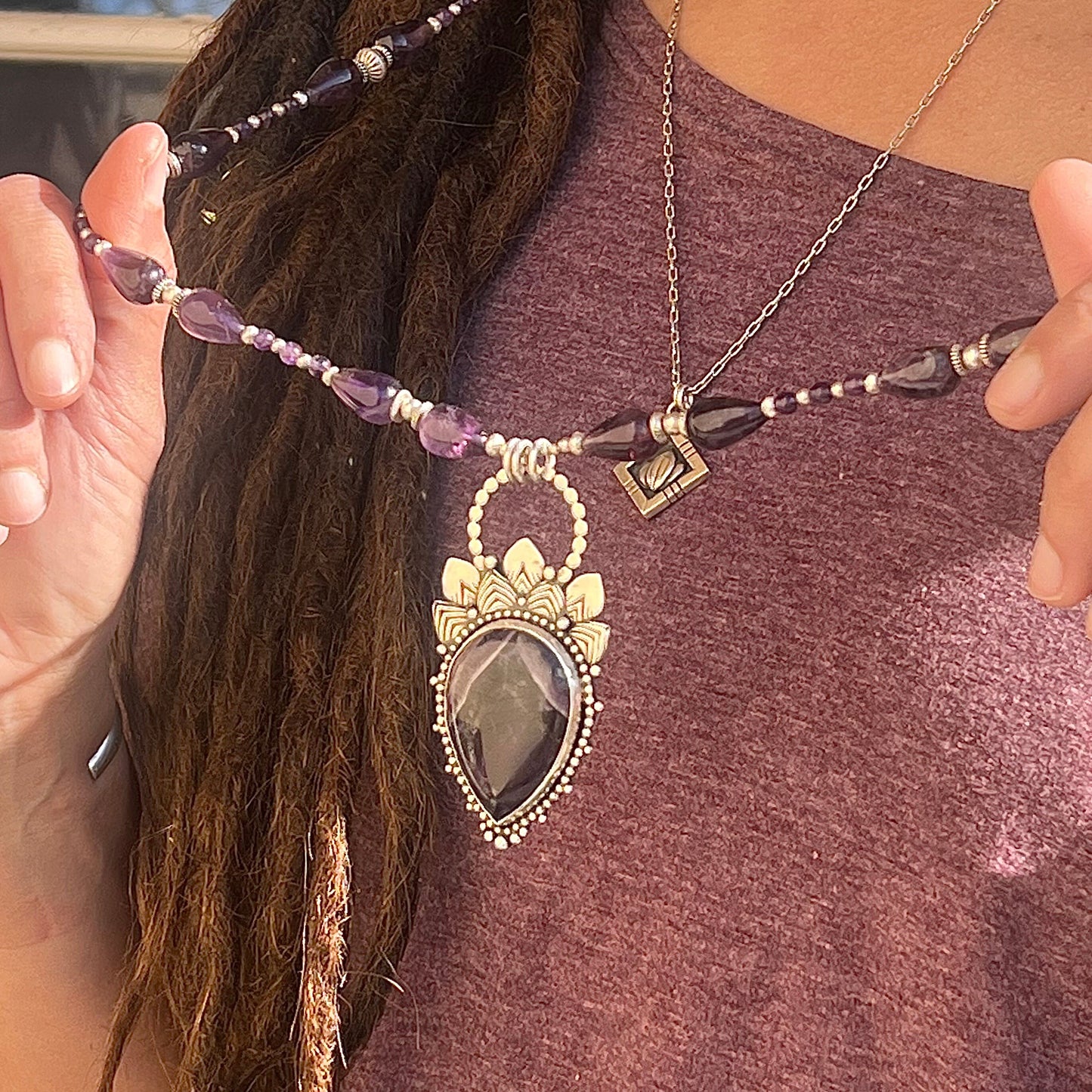 Large Chevron Amethyst Medallion on Amethyst Necklace