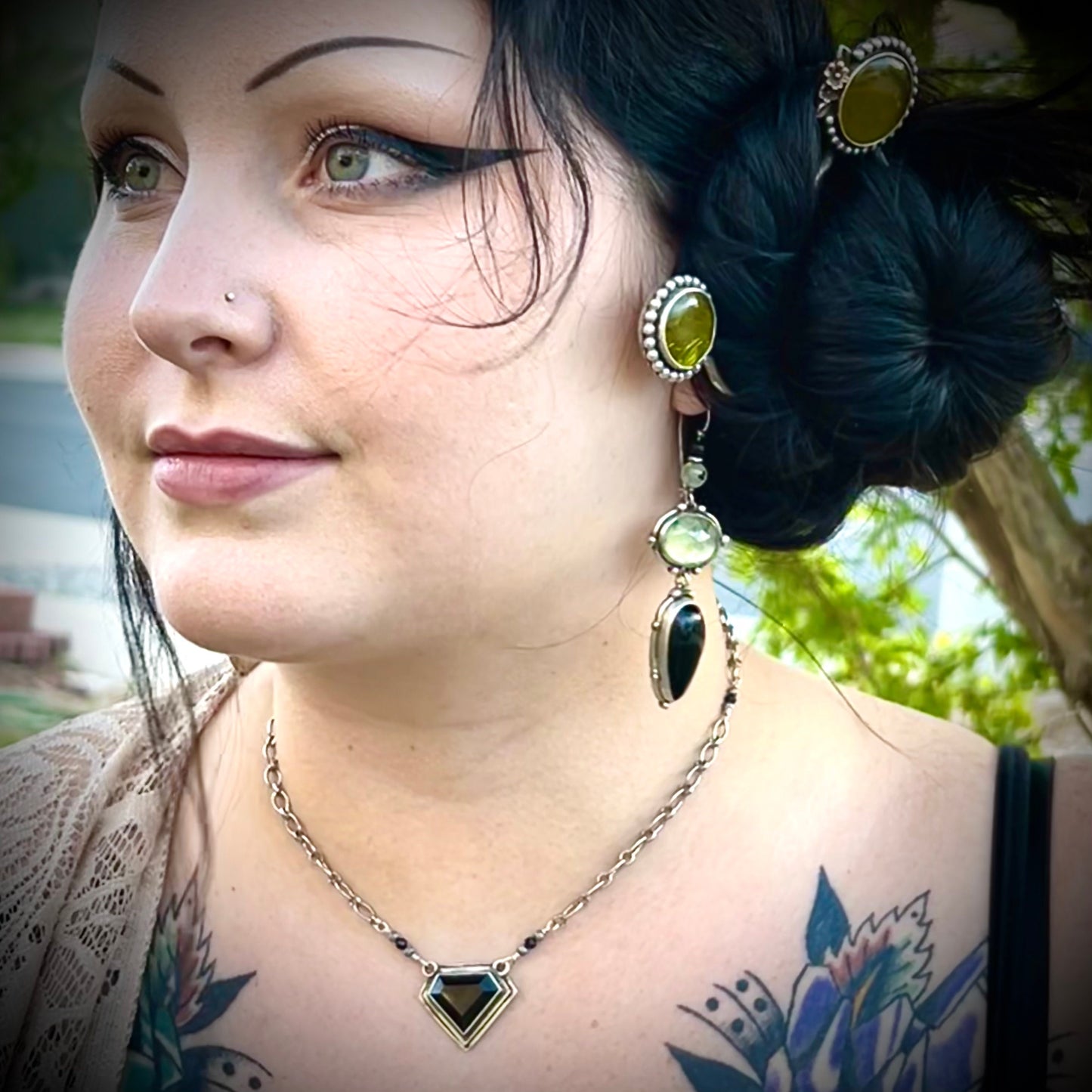 Onyx and Prehnite Statement Earrings