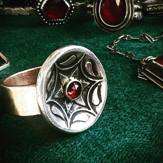 Fine Silver and Garnet Paisley Ring on Gold Filled Band
