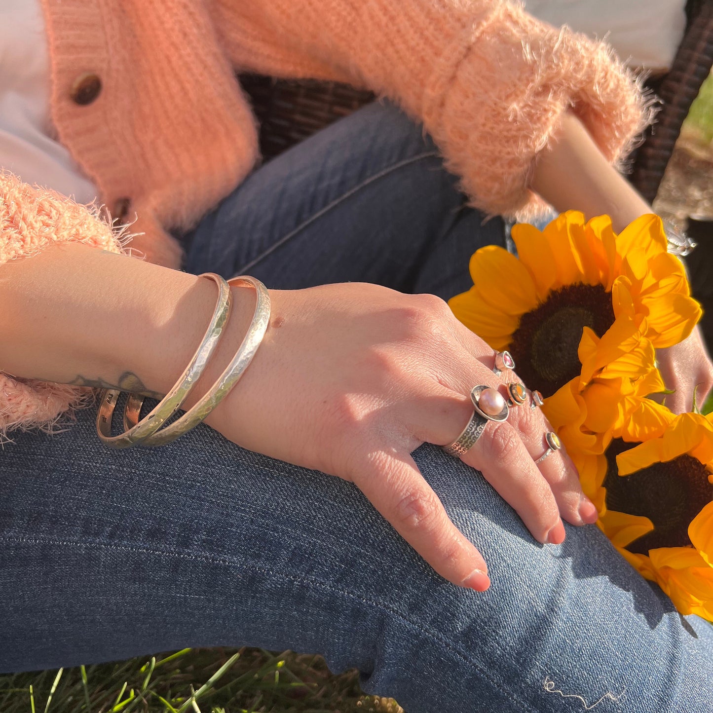 Sterling Silver Hammered Bangle Set