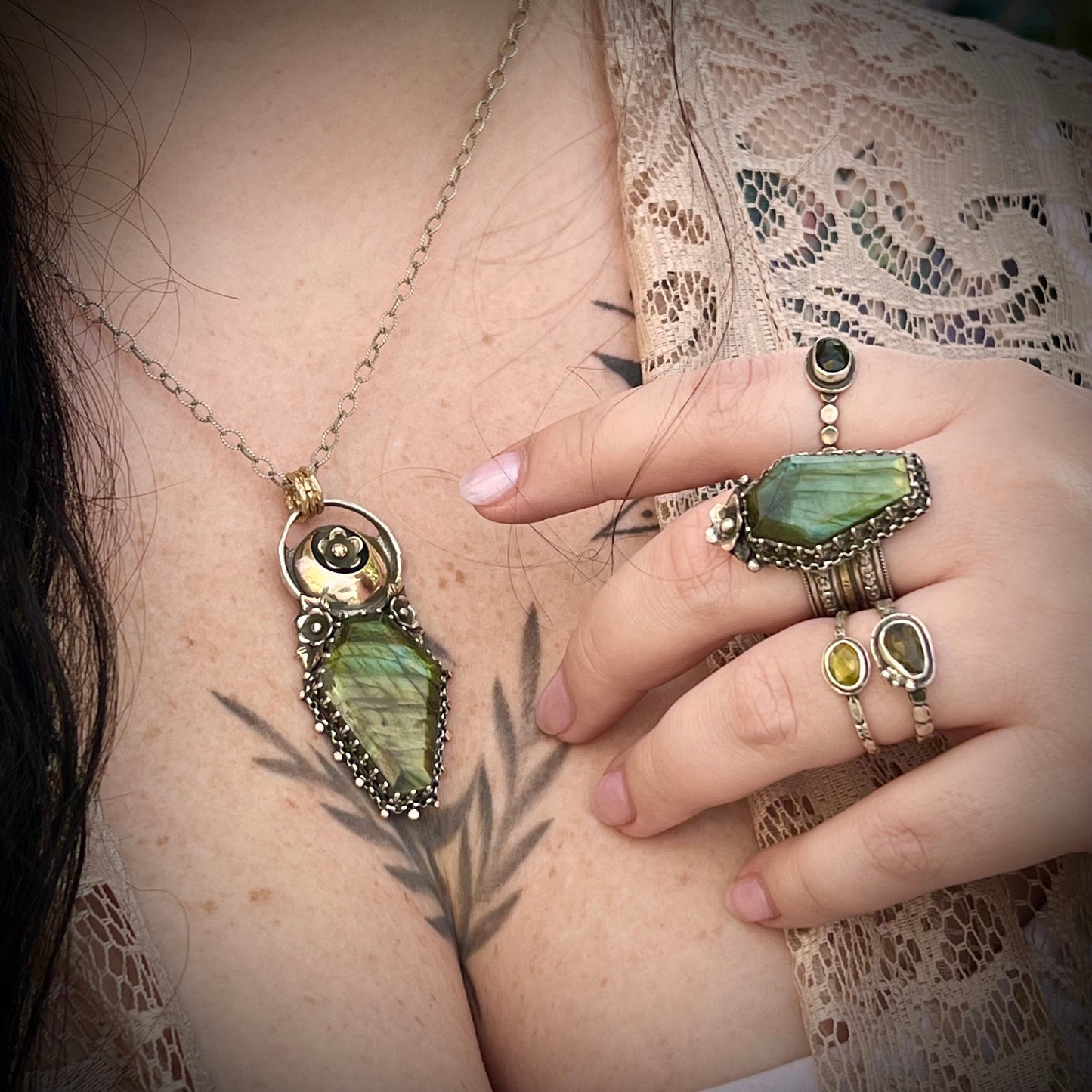 Labradorite Coffin and Moon Necklace