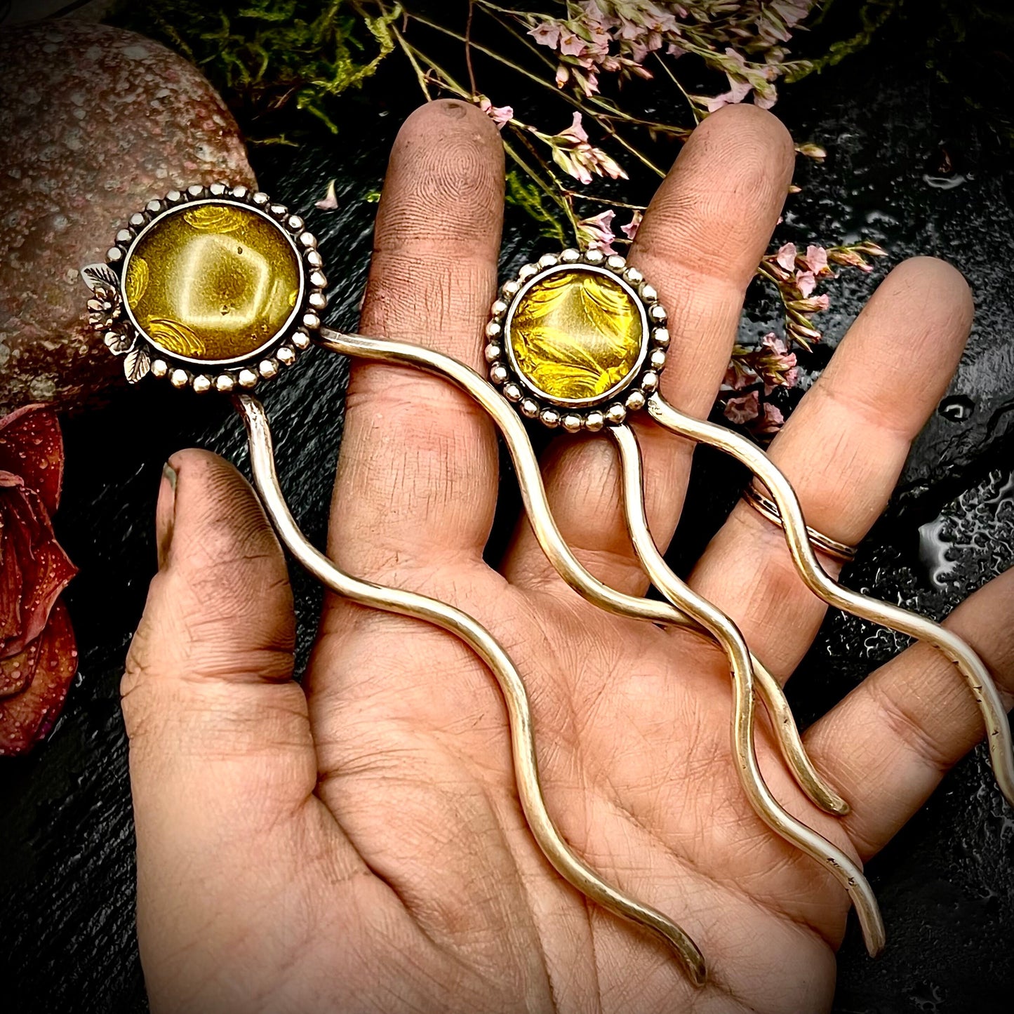 Small Green Rosarita and Silver Hair Pin