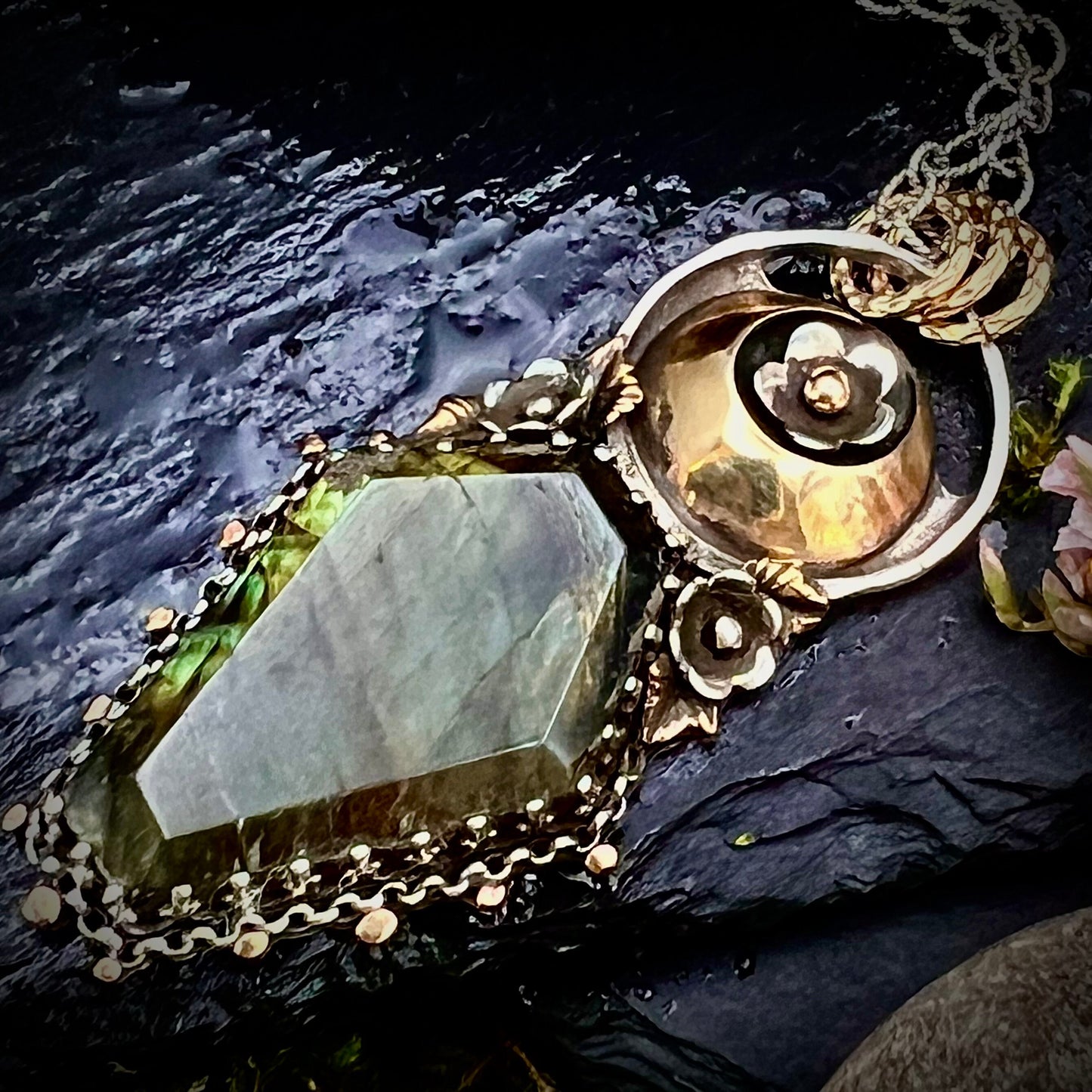 Labradorite Coffin and Moon Necklace