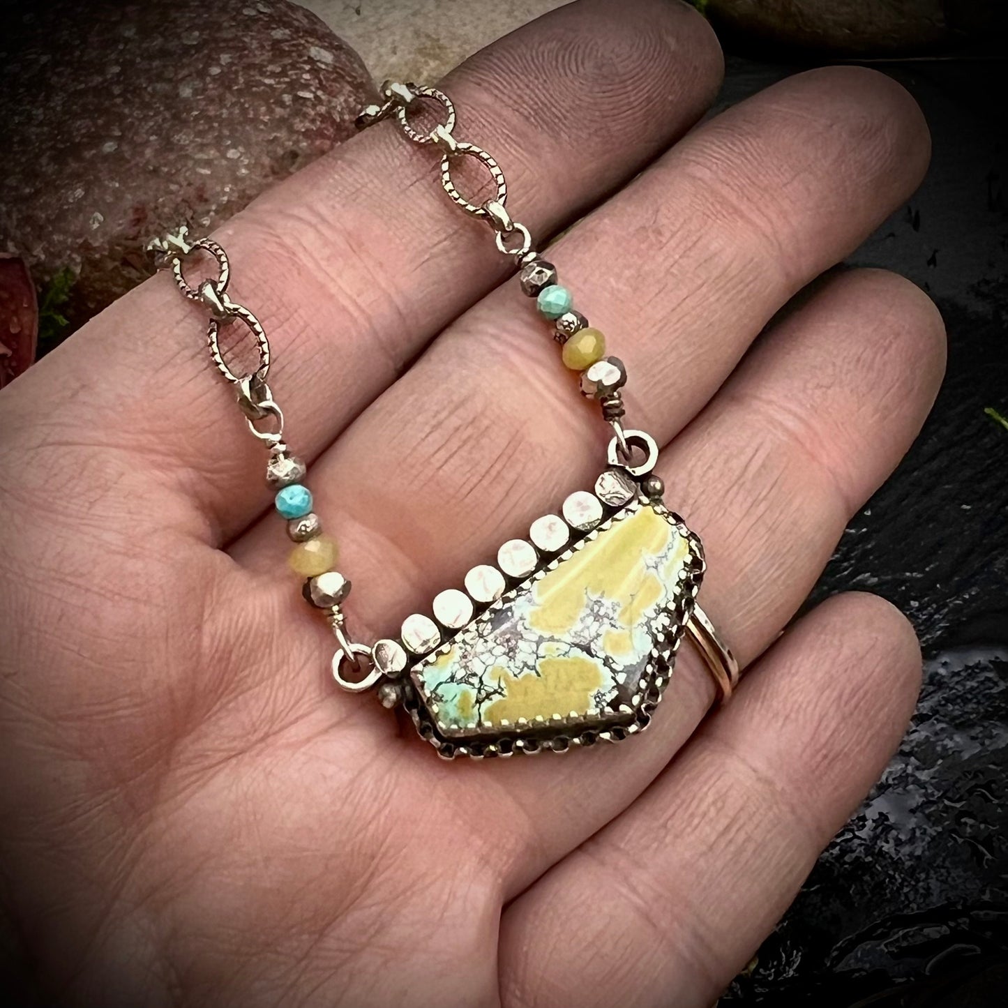 Blue and Yellow Turquoise Shield Necklace