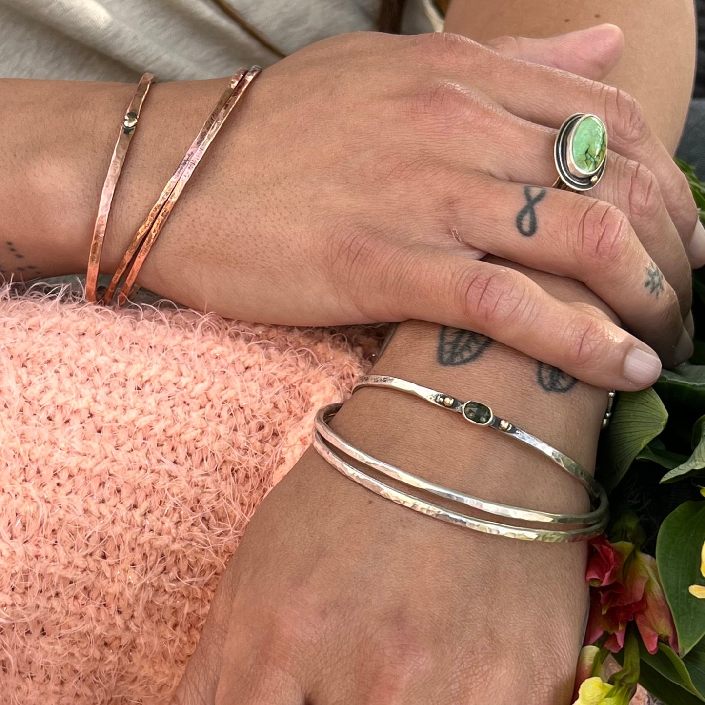 Set of Hammered Sterling Silver or Copper Bangles