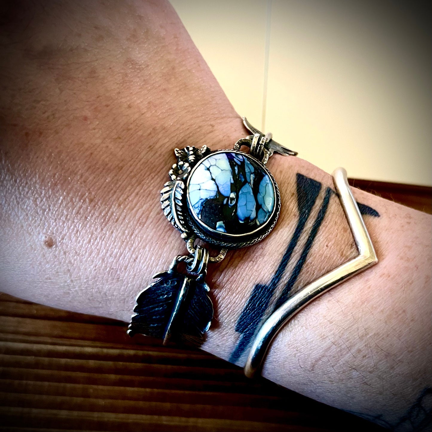Rare Blue Variscite and Silver Feather Bracelet
