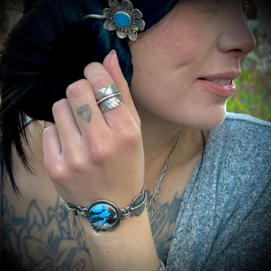 Rare Blue Variscite and Silver Feather Bracelet