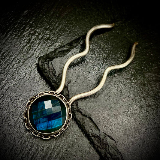 Faceted Labradorite and Sterling Silver Hairpin