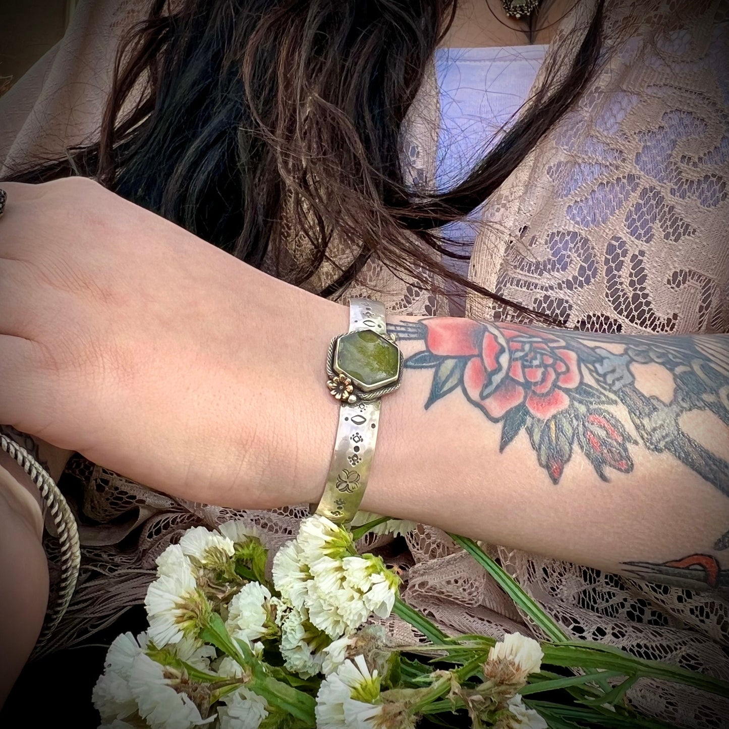 Green Hexagon and Sterling Silver Cuff Bracelet