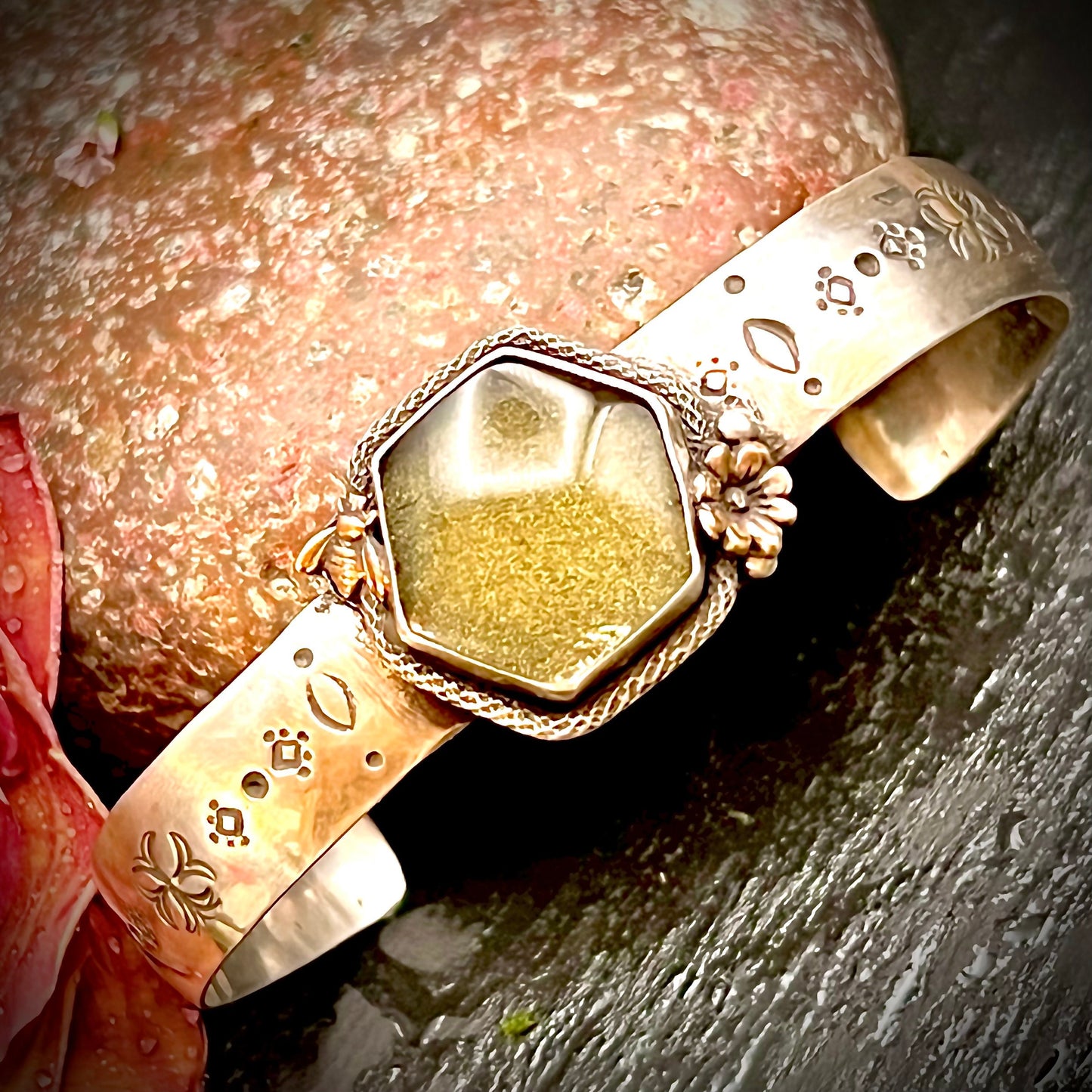 Green Hexagon and Sterling Silver Cuff Bracelet