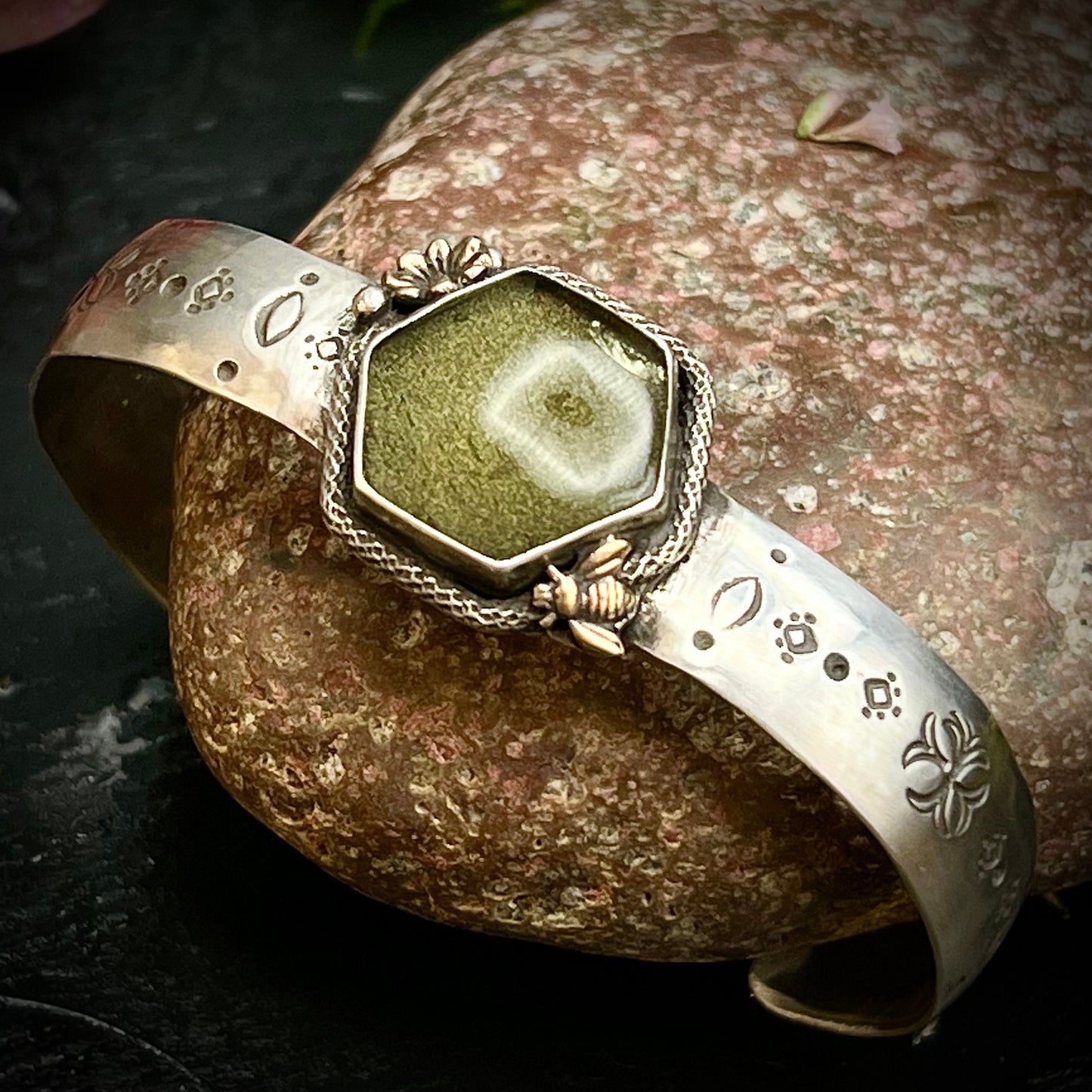 Green Hexagon and Sterling Silver Cuff Bracelet