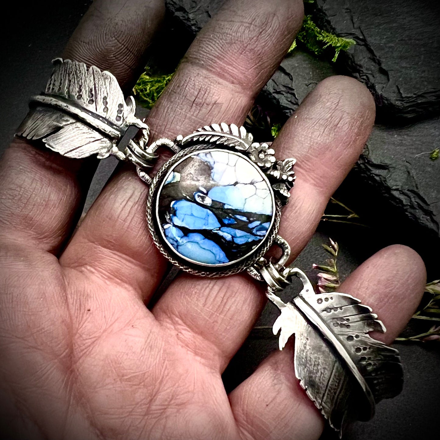 Rare Blue Variscite and Silver Feather Bracelet