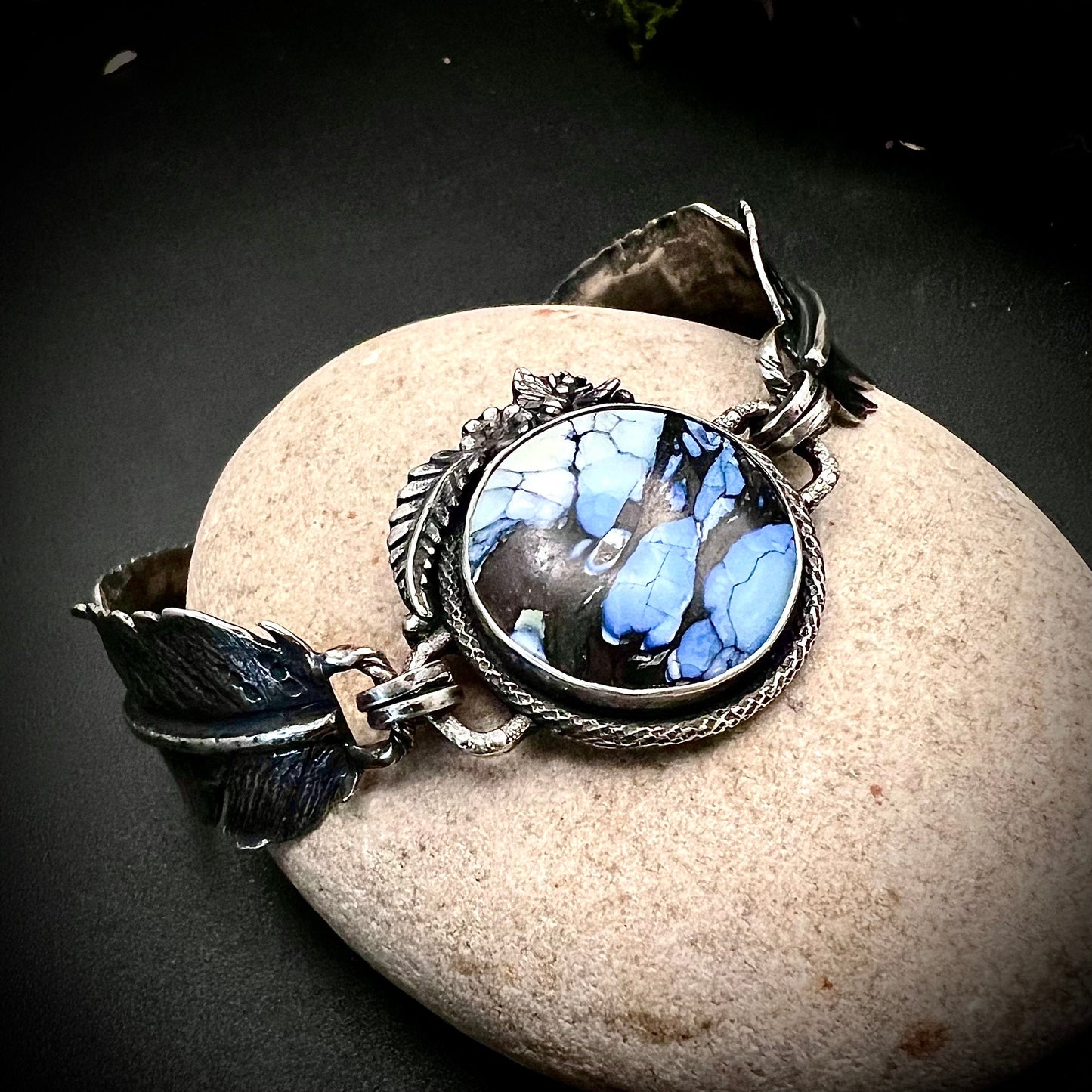 Rare Blue Variscite and Silver Feather Bracelet