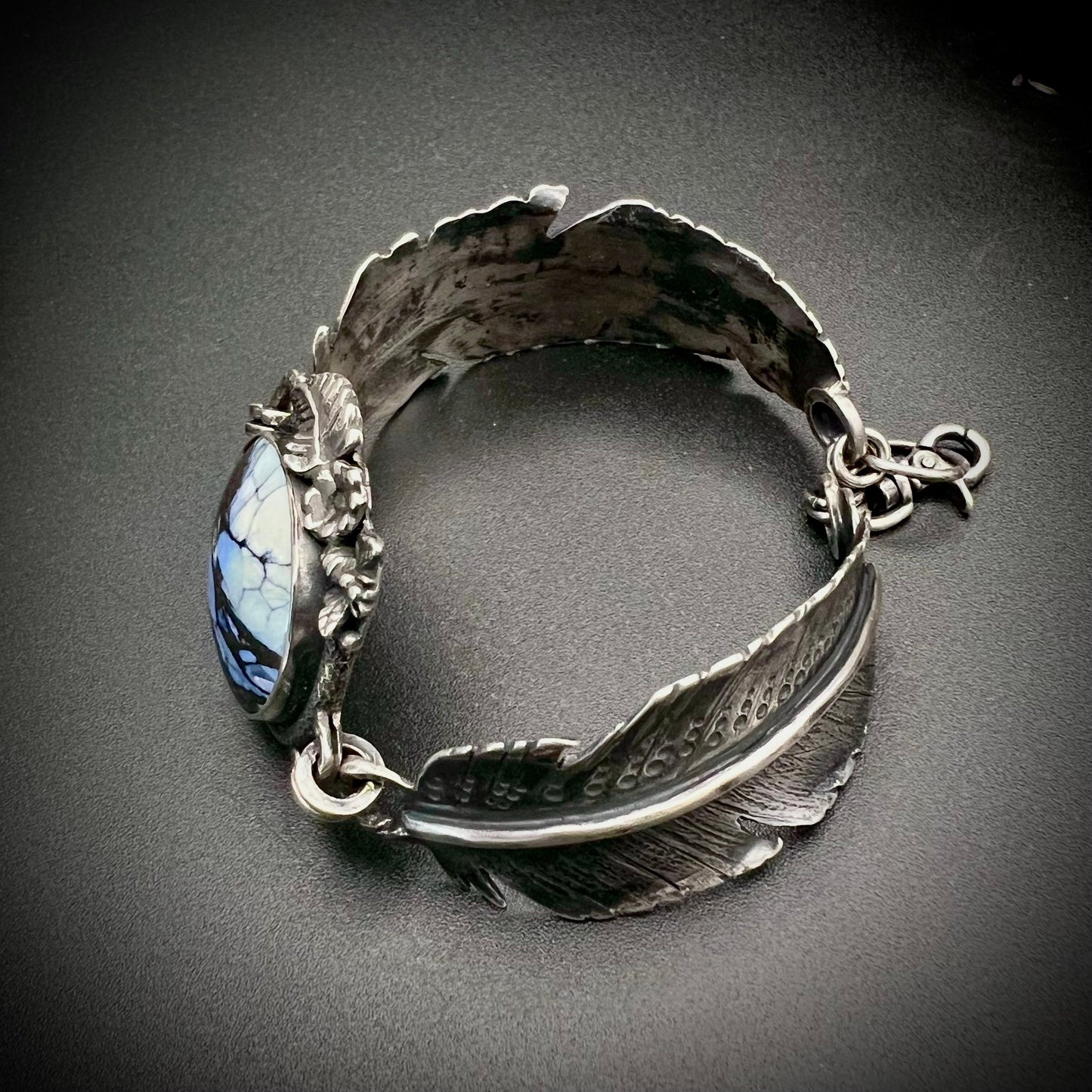Rare Blue Variscite and Silver Feather Bracelet