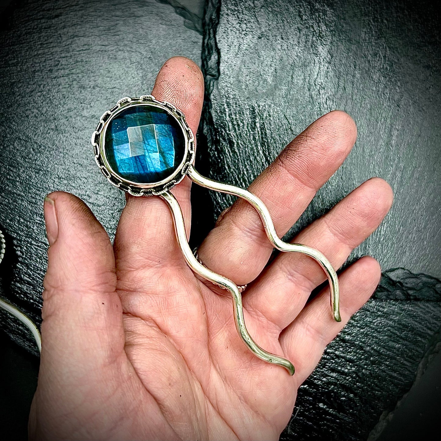 Faceted Labradorite and Sterling Silver Hairpin