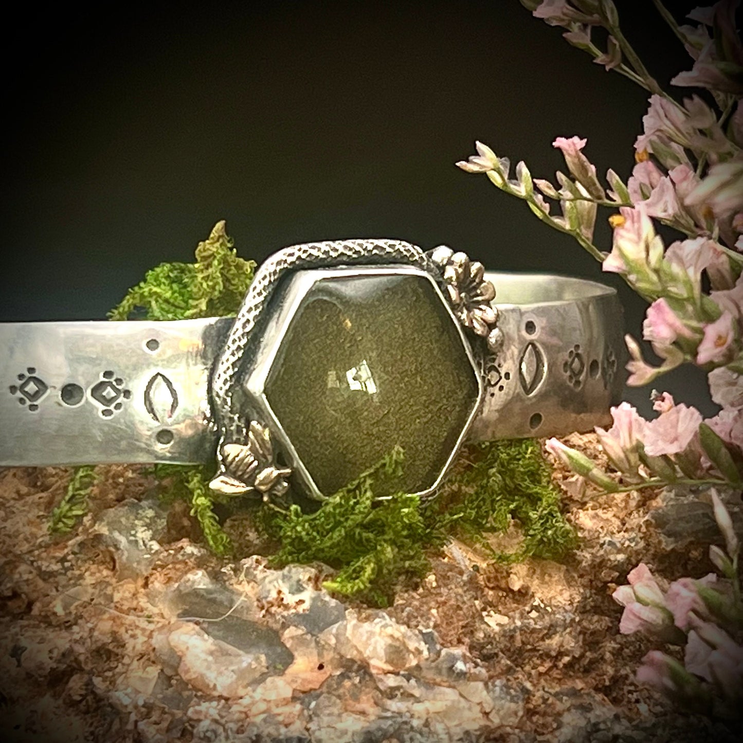 Green Hexagon and Sterling Silver Cuff Bracelet