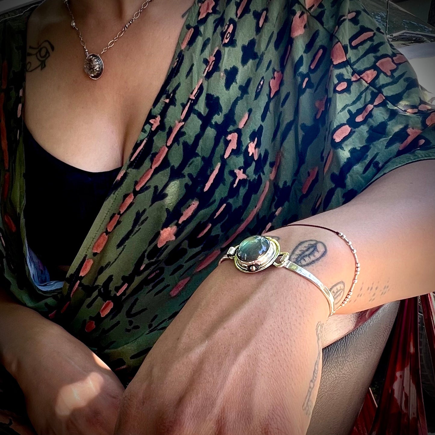 Labradorite and Silver Tension Cuff with 14kt Gold Accent