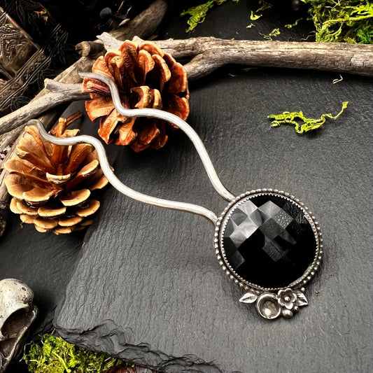 Faceted Obsidian and Sterling Silver Hairpin
