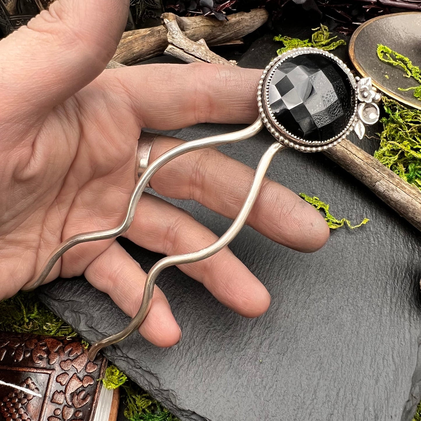 Faceted Obsidian and Sterling Silver Hairpin