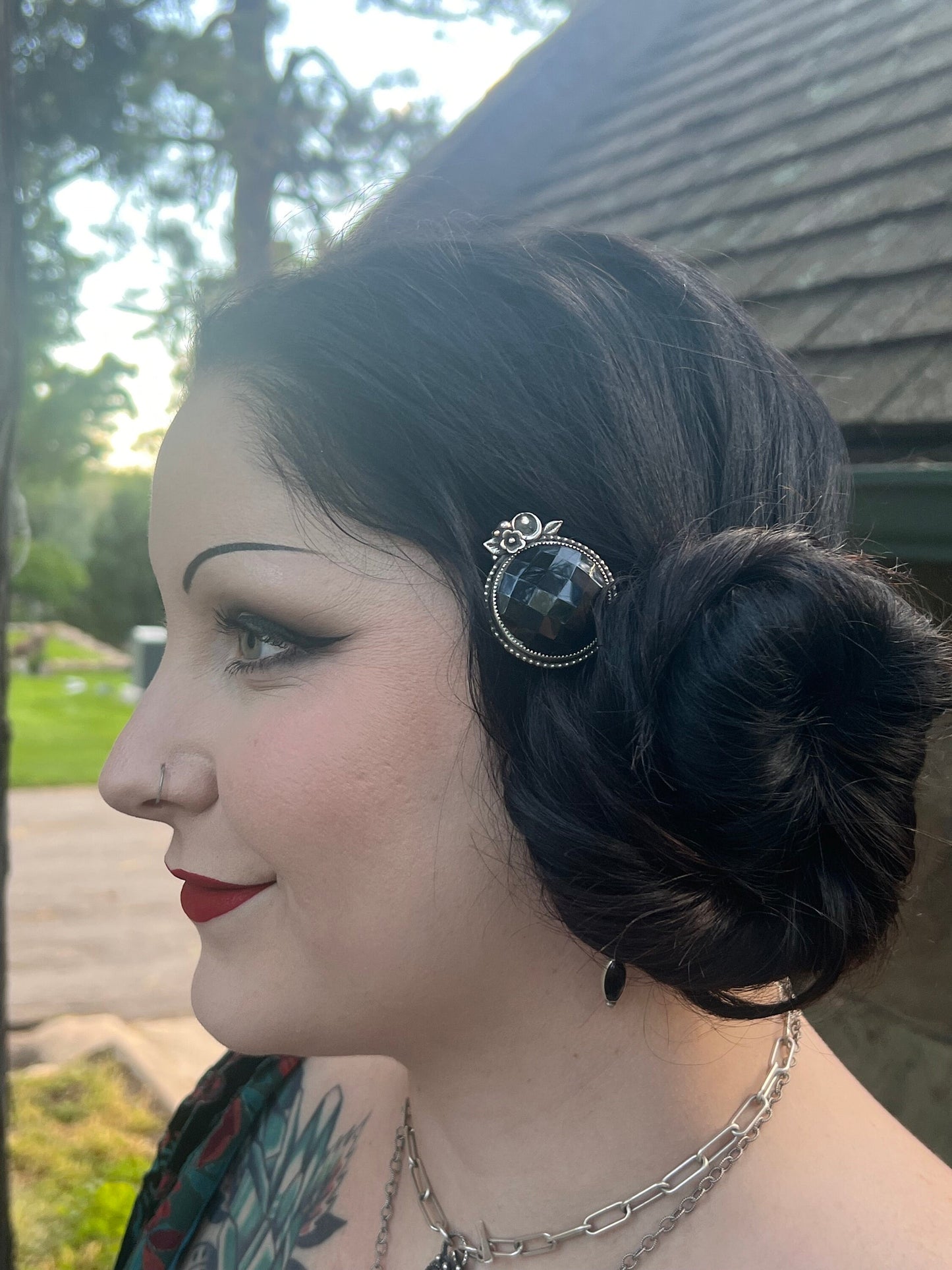 Faceted Obsidian and Sterling Silver Hairpin