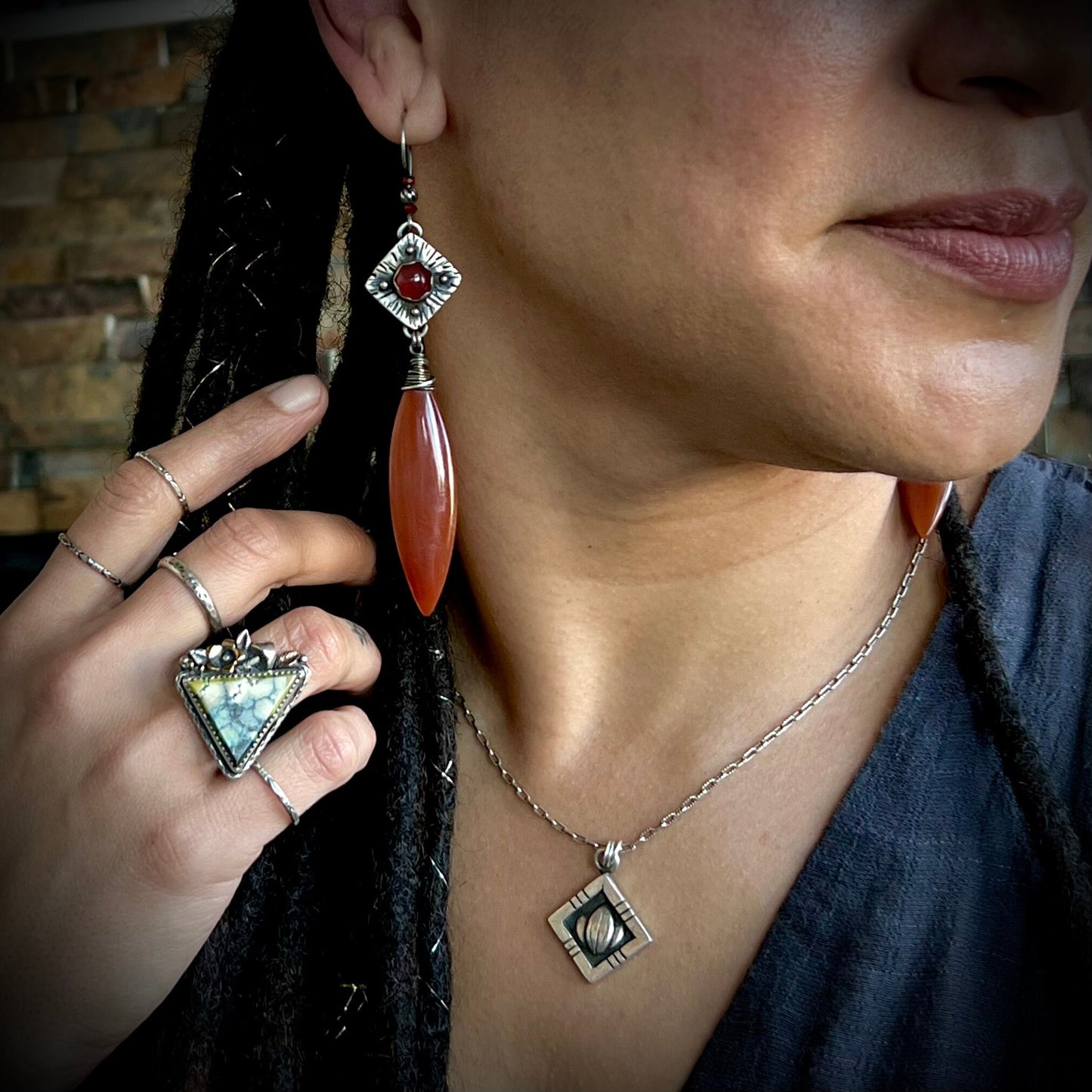 Carnelian Marquise and Silver Earrings