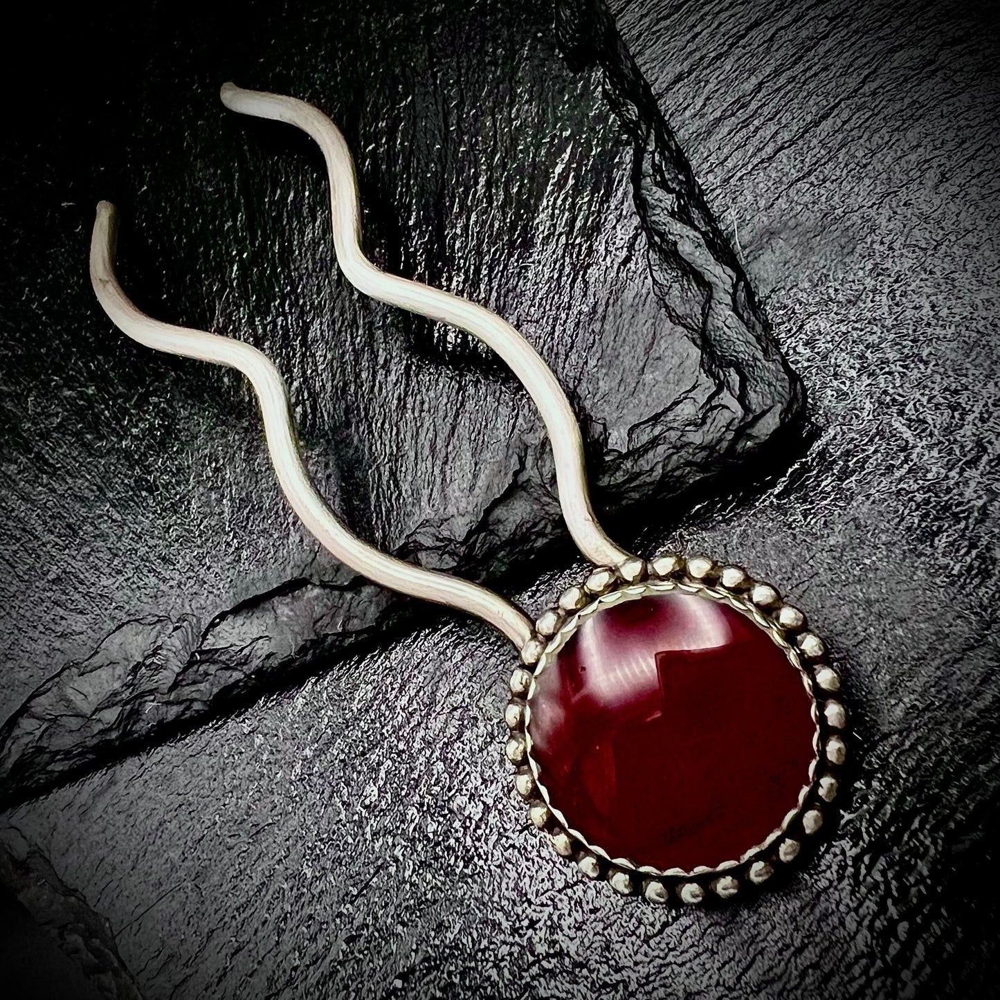Large Red Rosarita and Silver Hair Pin with Sterling Silver frame.