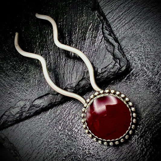 Large Red Rosarita and Silver Hair Pin with Sterling Silver frame.