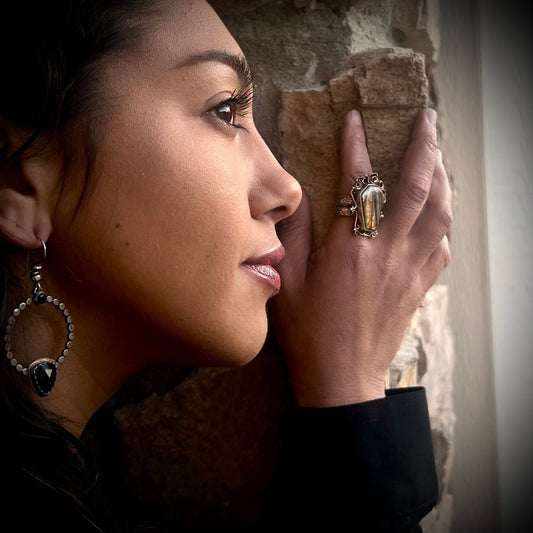 Labradorite Coffin and Copper Rose Ring
