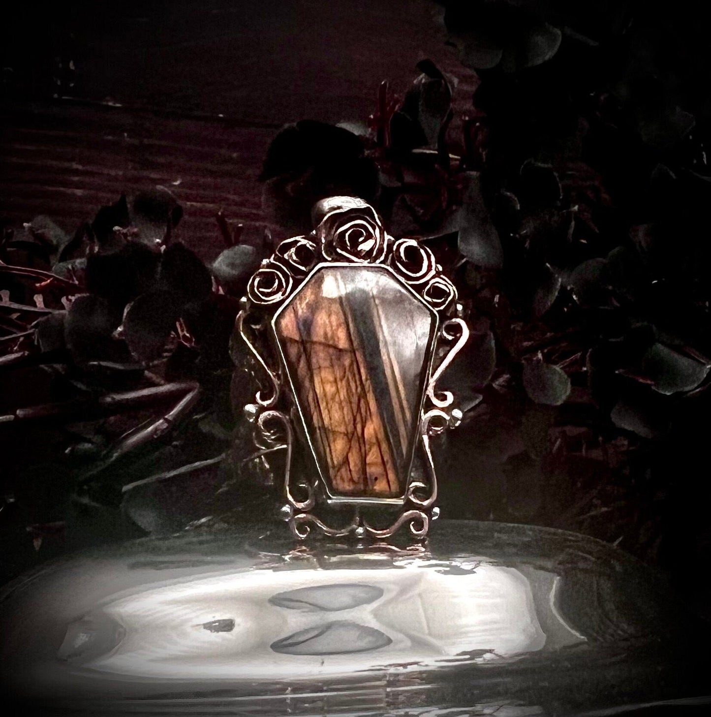 Labradorite Coffin and Copper Rose Ring