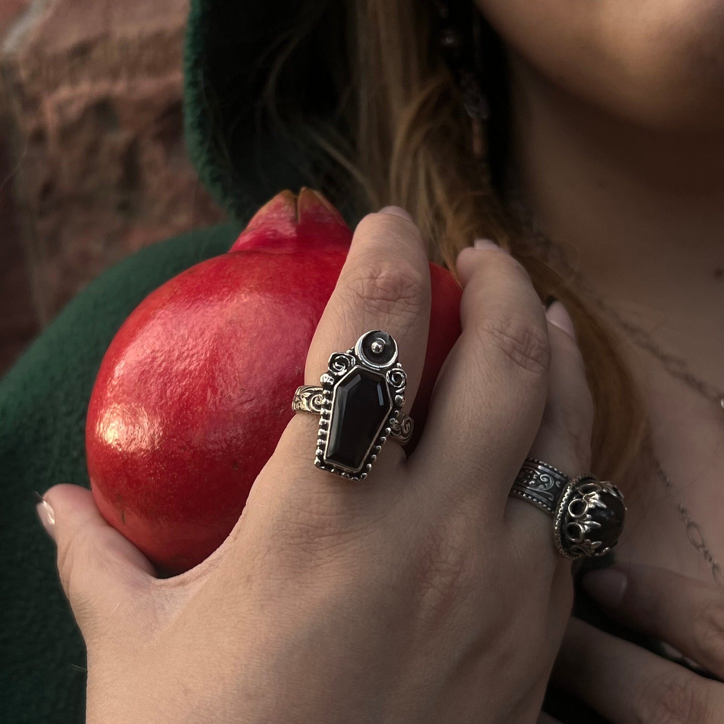 Onyx Coffin Ring with Moon and Roses