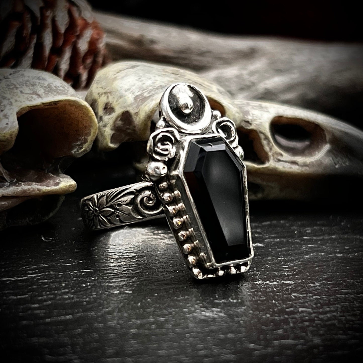 Onyx Coffin Ring with Moon and Roses