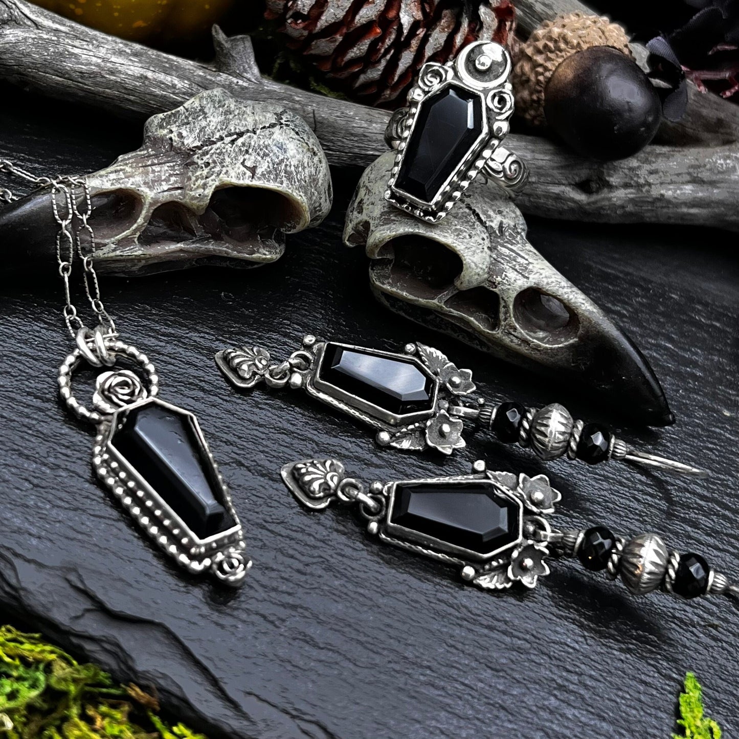 Onyx Coffin Ring with Moon and Roses