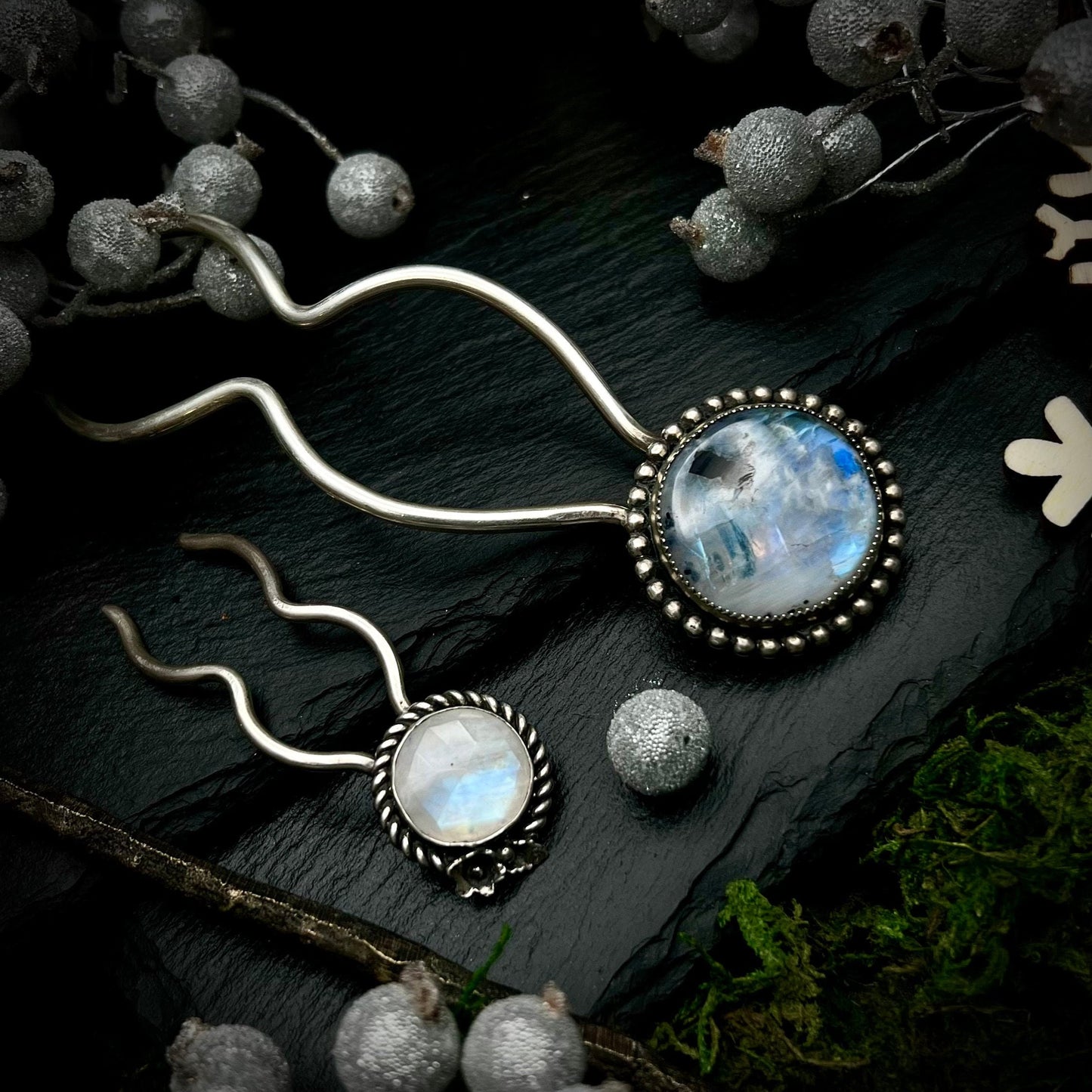 Large Moonstone and Silver Hairpin.