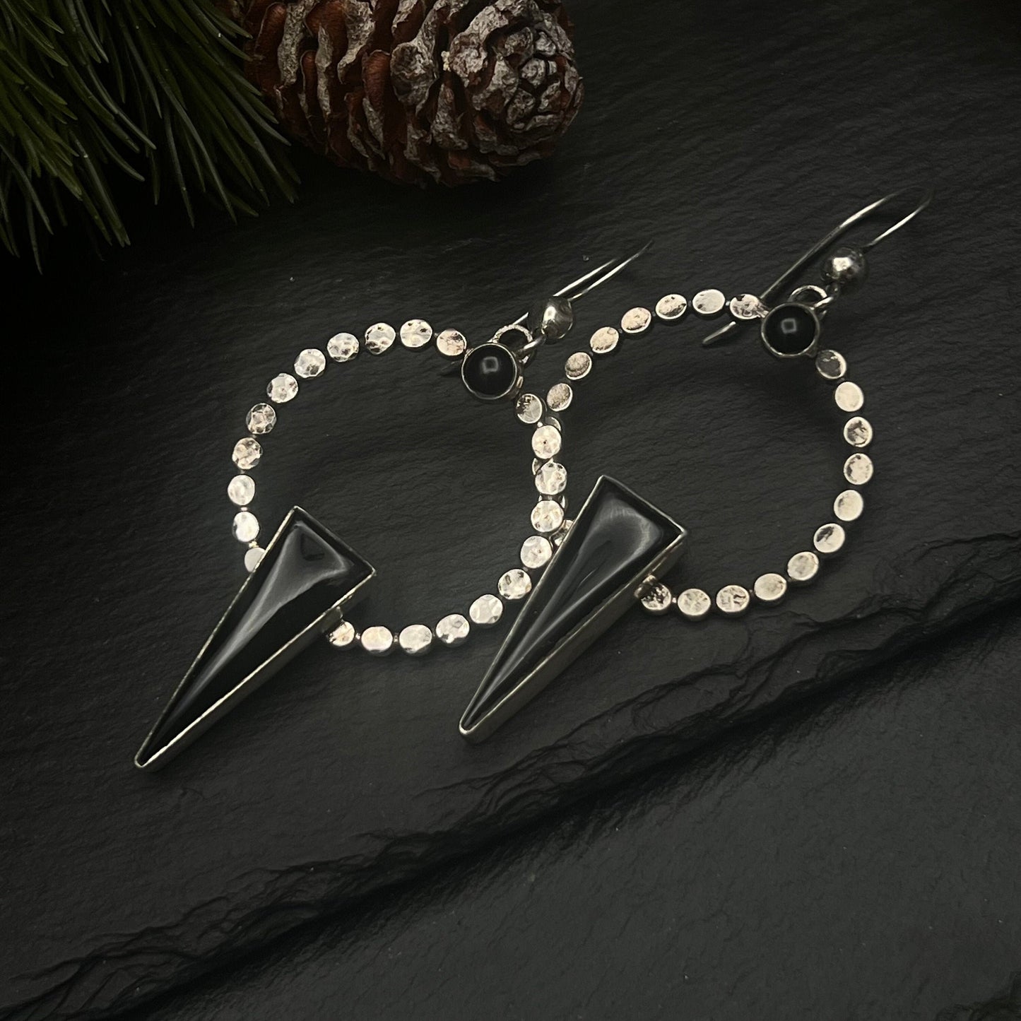 Onyx and Silver Spear Hoop Earrings