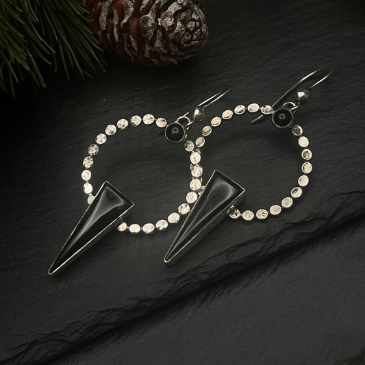 Onyx and Silver Spear Hoop Earrings