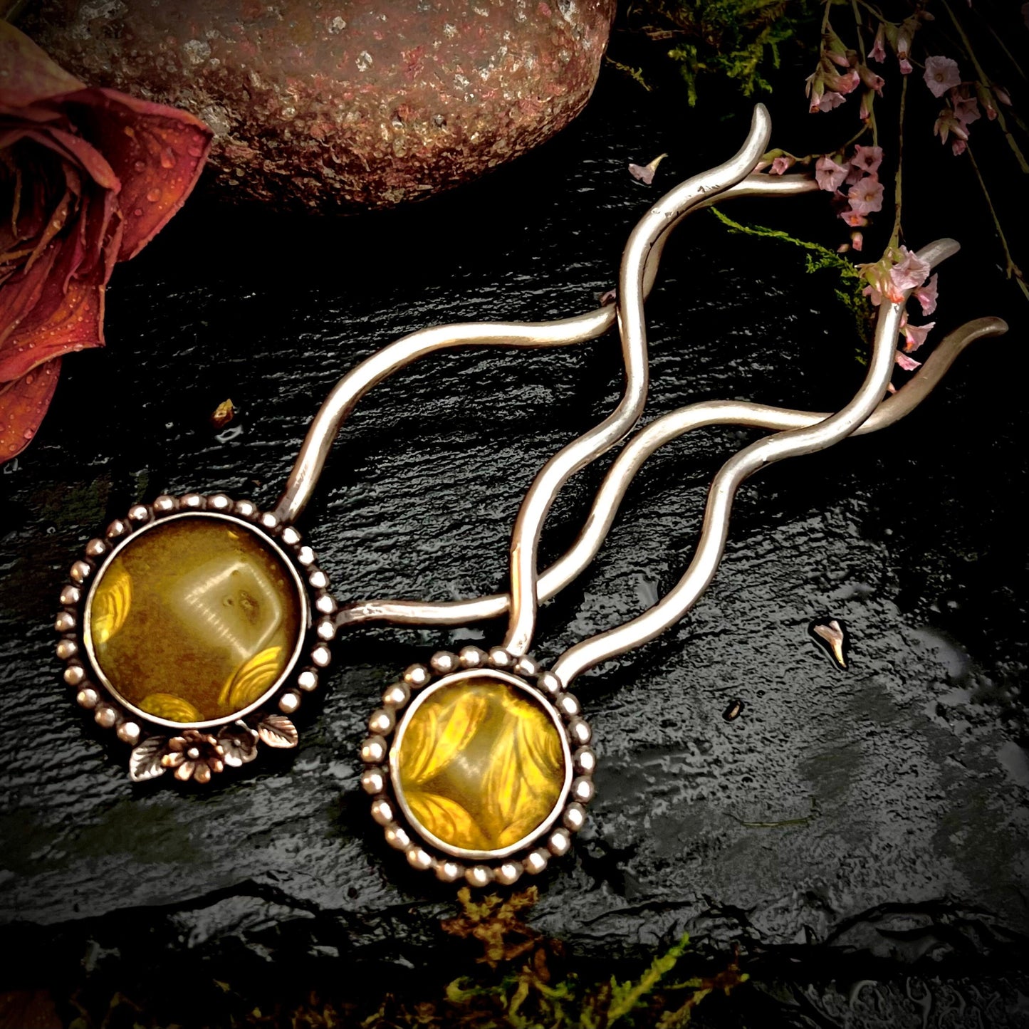 Large Green Rosarita and Silver Hair Pin with Floral Accent