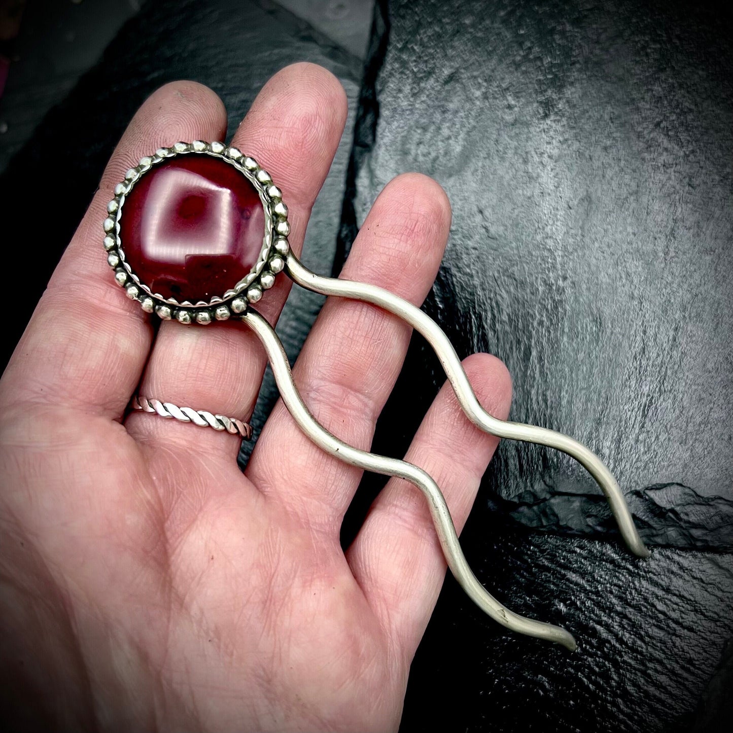 Large Red Rosarita and Silver Hair Pin with Sterling Silver frame.