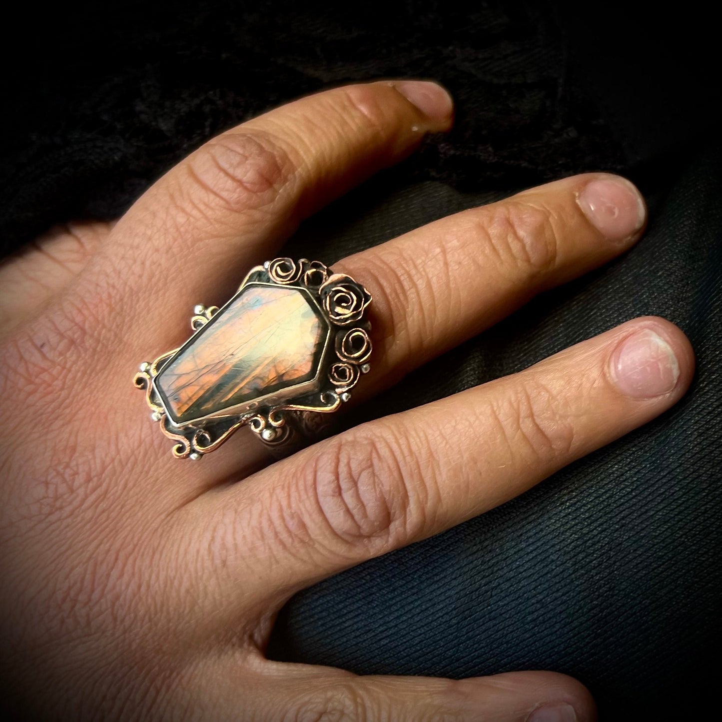 Labradorite Coffin and Copper Rose Ring