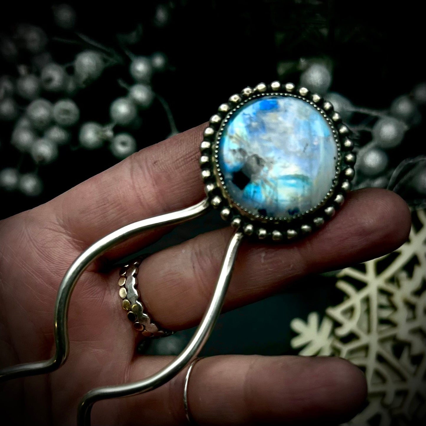 Large Moonstone and Silver Hairpin.