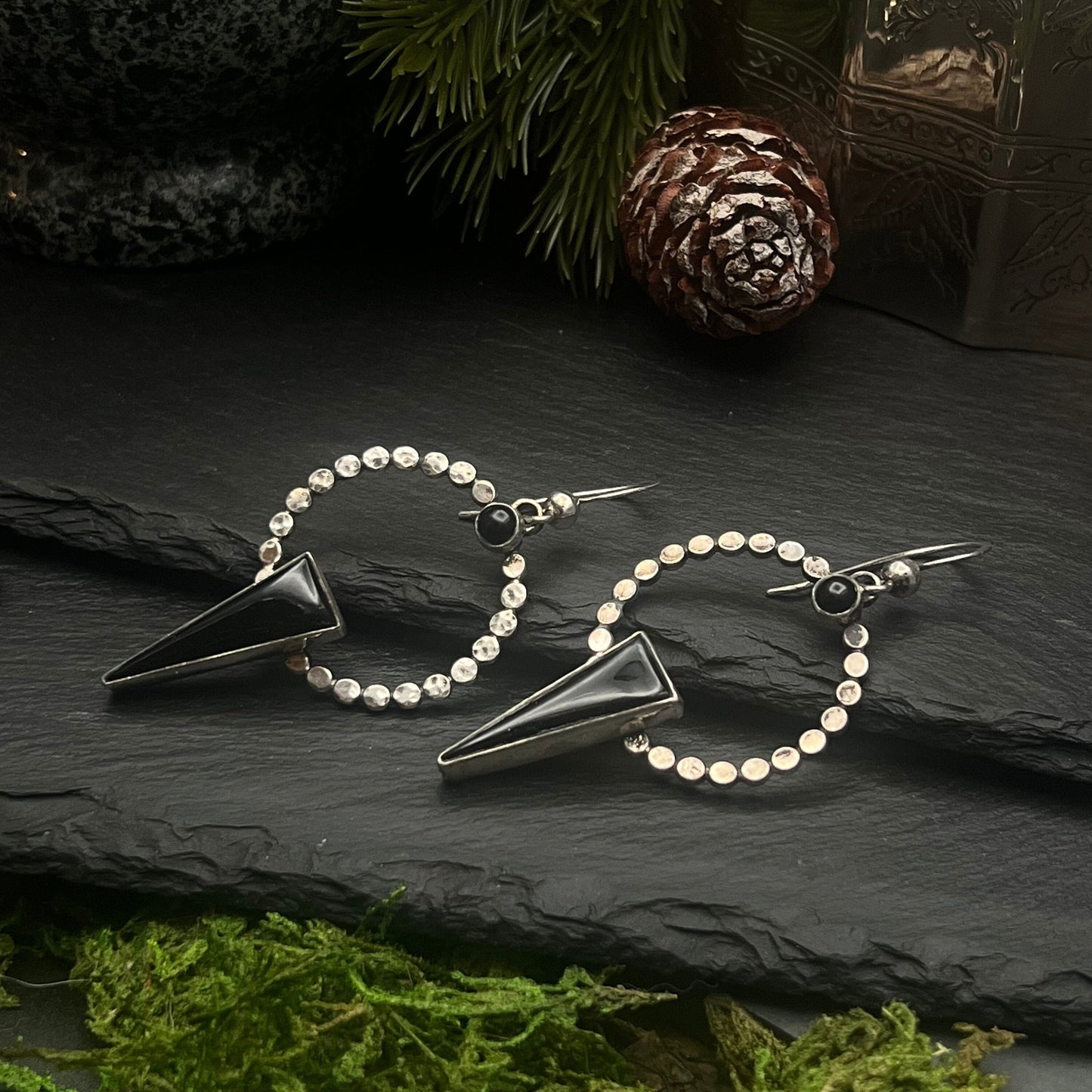 Onyx and Silver Spear Hoop Earrings